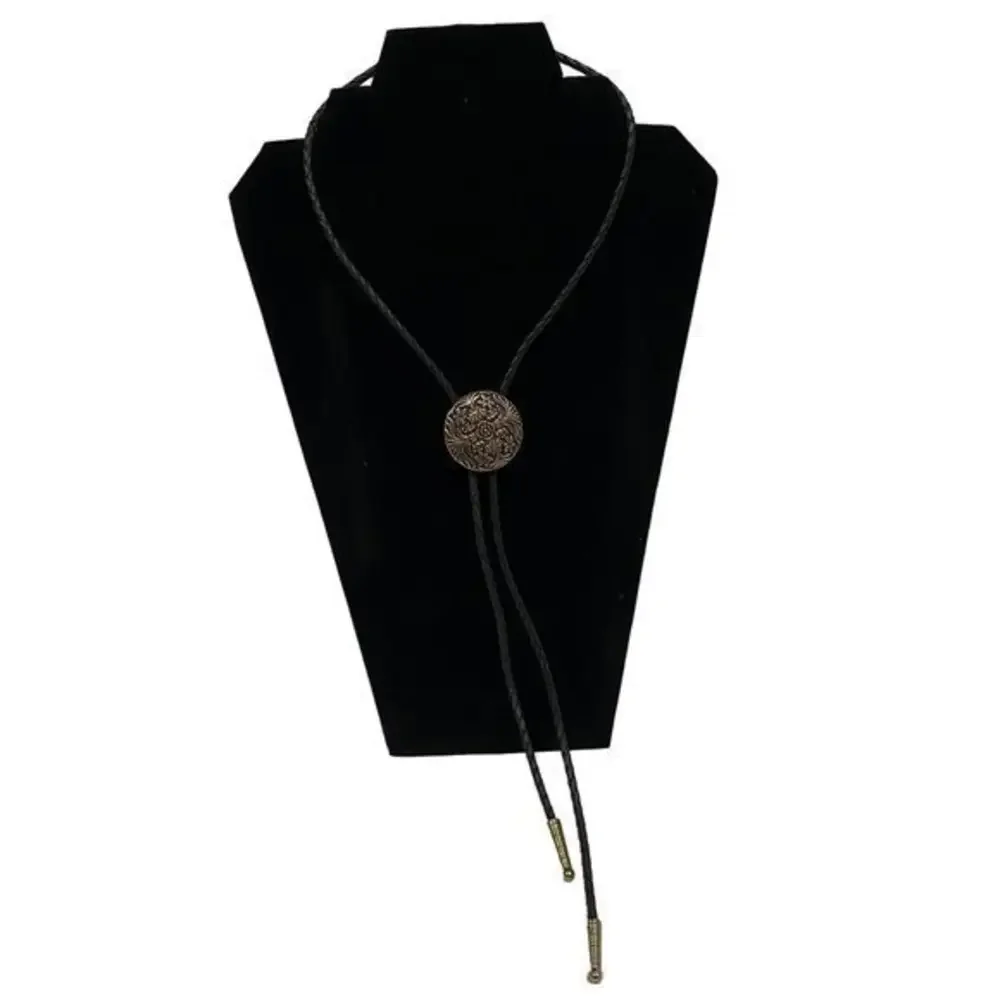 Vintage Bolo Tie Gold‎ Tone Medallion Black Leather Cord